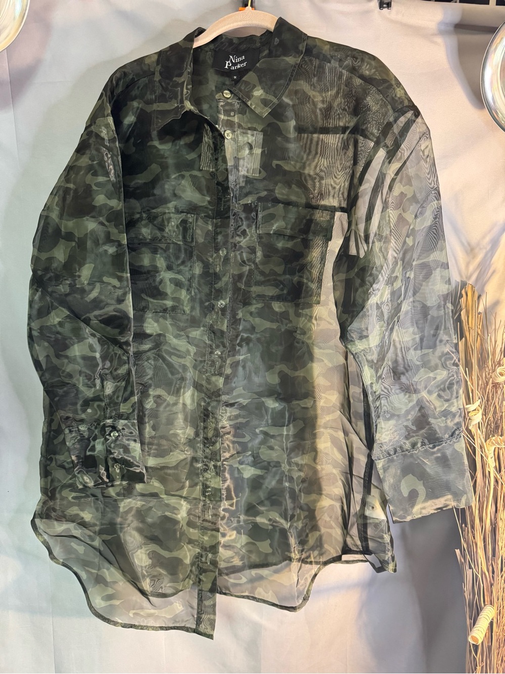 Nina Parker Women's Green Camo Sheer Button-Up Blouse